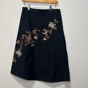 ODILLE | Navy Blue Midi Skirt with Embroidered Blossoms